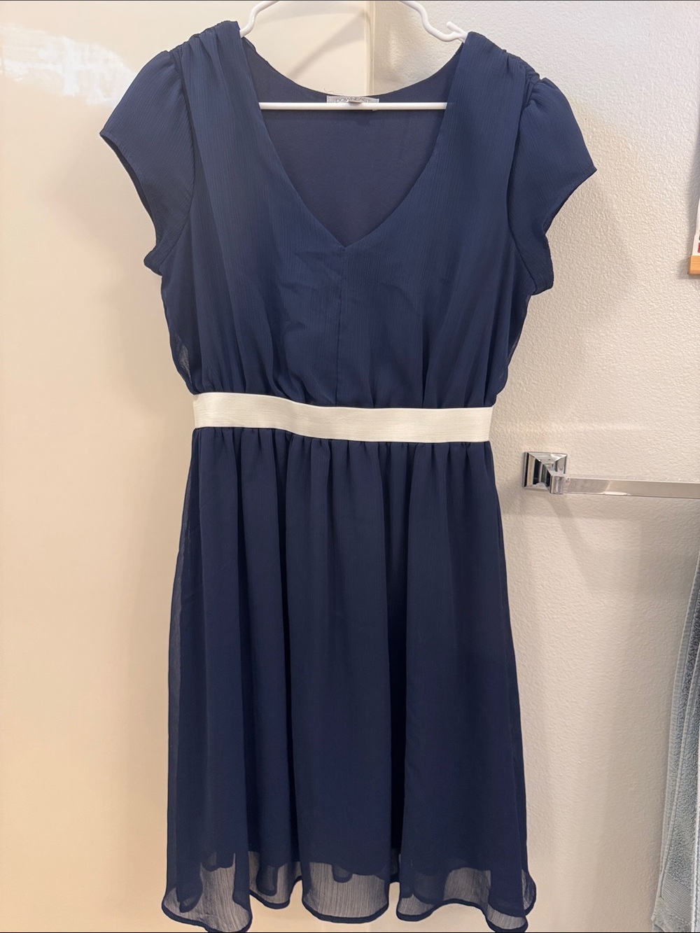 DownEast Navy knee length modest Dress with Ivory Waistband